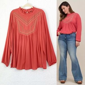 Torrid Crinkle Gauze Relaxed Embroidered Blouse in Baked Apple Sz 2X